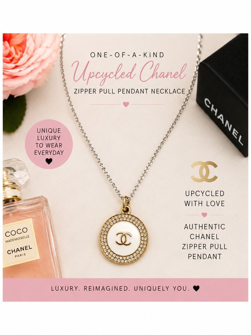 CHANEL Gold and White Crystal-Trimmed Zipper Pull Pendant Necklace